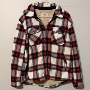 Sage womans red and blue Plaid shacket. Fleece/sherpa lining. Large.